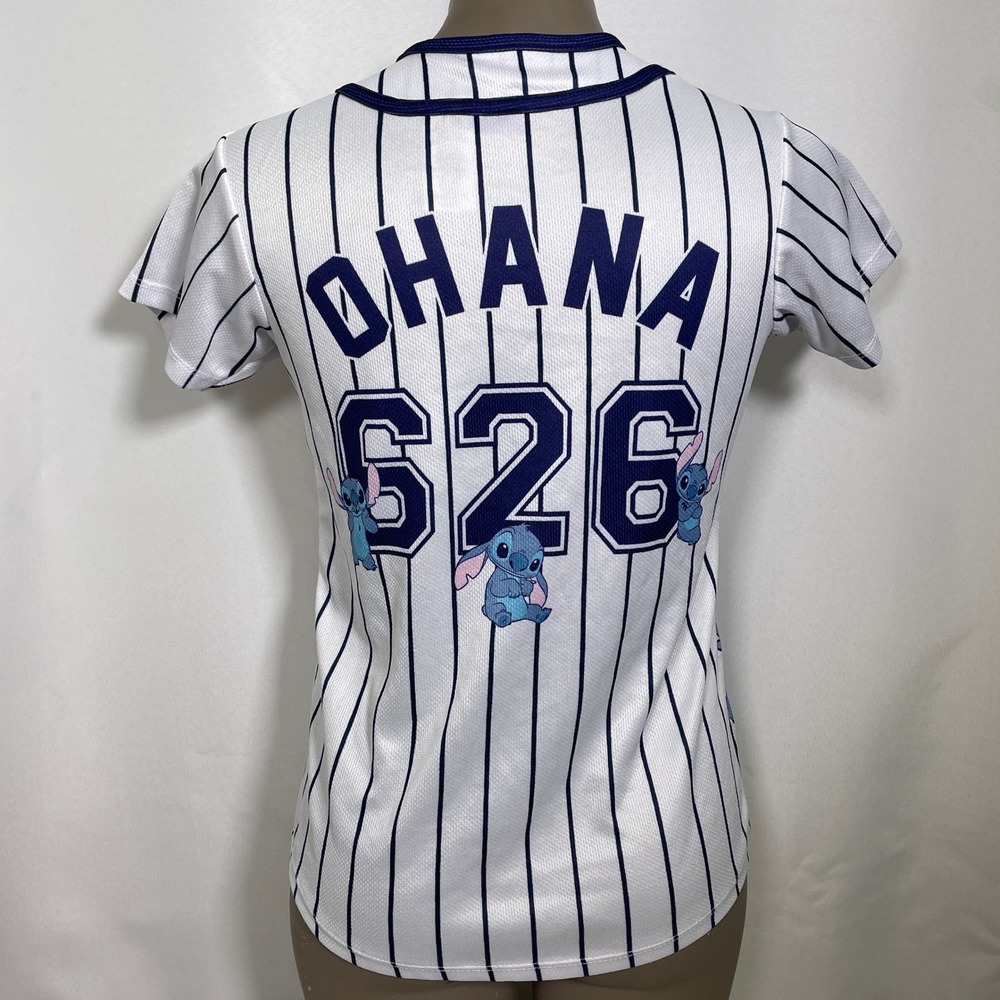 Lilo & Stitch Ohana #626 Disney White Pinstripe Baseball Jersey Juniors 14 LARGE
